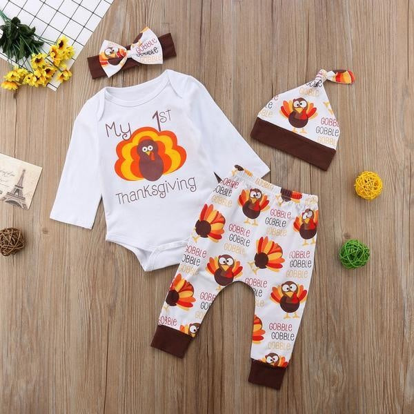 4PCS Lovely My 1st Thanksgiving Printed Baby Set
