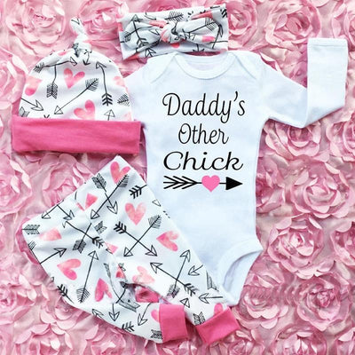 4 Pcs Newborn Baby Girl DADDY'S OTHER CHICK Print  Romper Outfit Pants Set +Hat+Headband