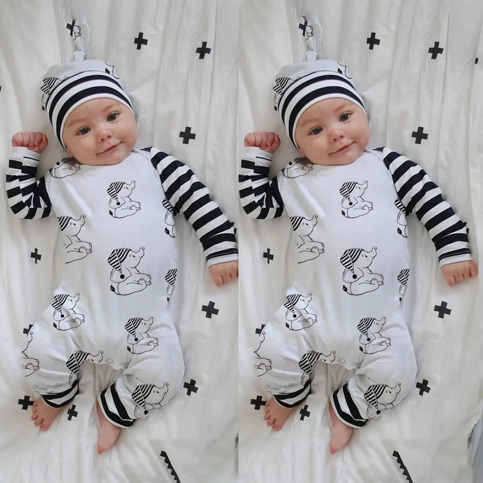 2PCS Cartoon Elephant Print Long Sleeve Baby Jumpsuit