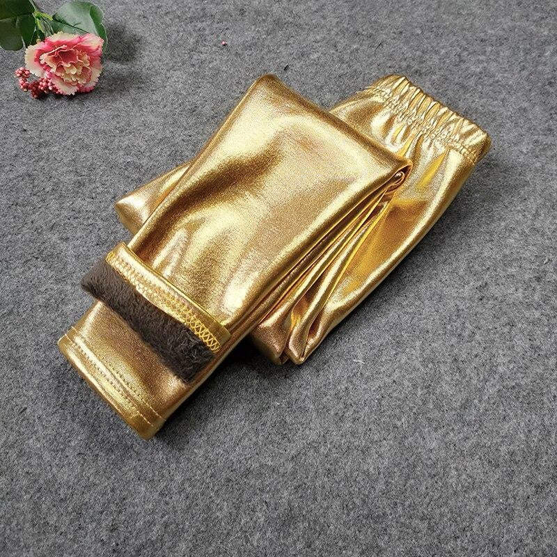 Baby Girls Leggings Metallic Gold Silver Punk Pants 2-10 Years - MomyMall Thick Gold / 2-3 Years