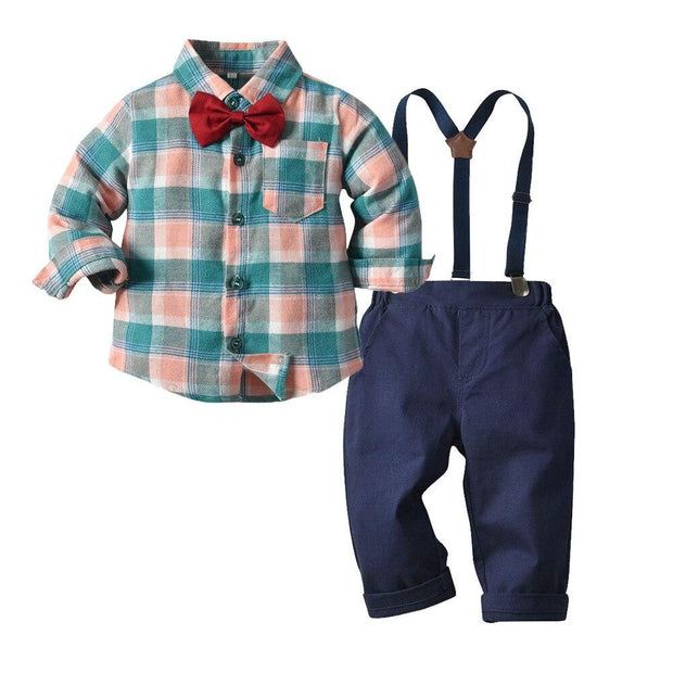 Kids Boys Plaid Spring and Autumn Long Sleeve 3 Pcs Suit - MomyMall Light Green / 80cm：6-12months