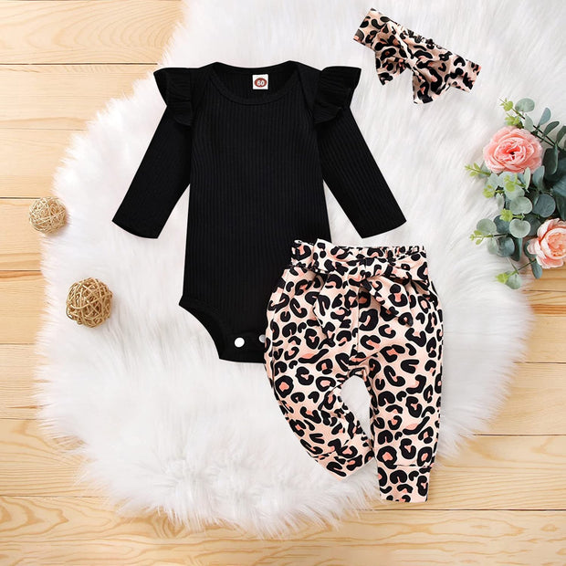 3PCS Solid Color Leopard Printed Baby Set - MomyMall Black / 0-3 Months