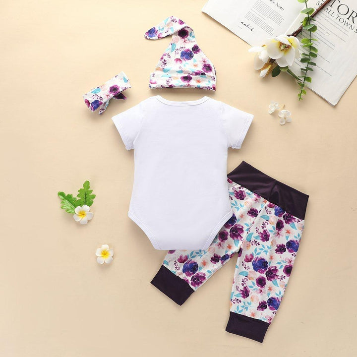 4PCS Letter Printed Romper With Floral Printed Pants Baby Girl Set - MomyMall