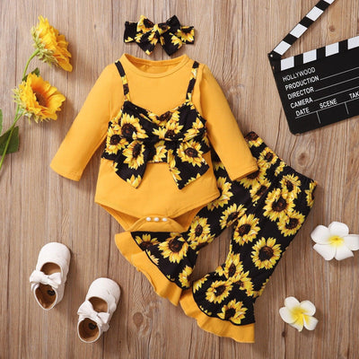 3PCS Sunflower Printed Long-sleeve Baby Set - MomyMall Yellow / 0-3 Months