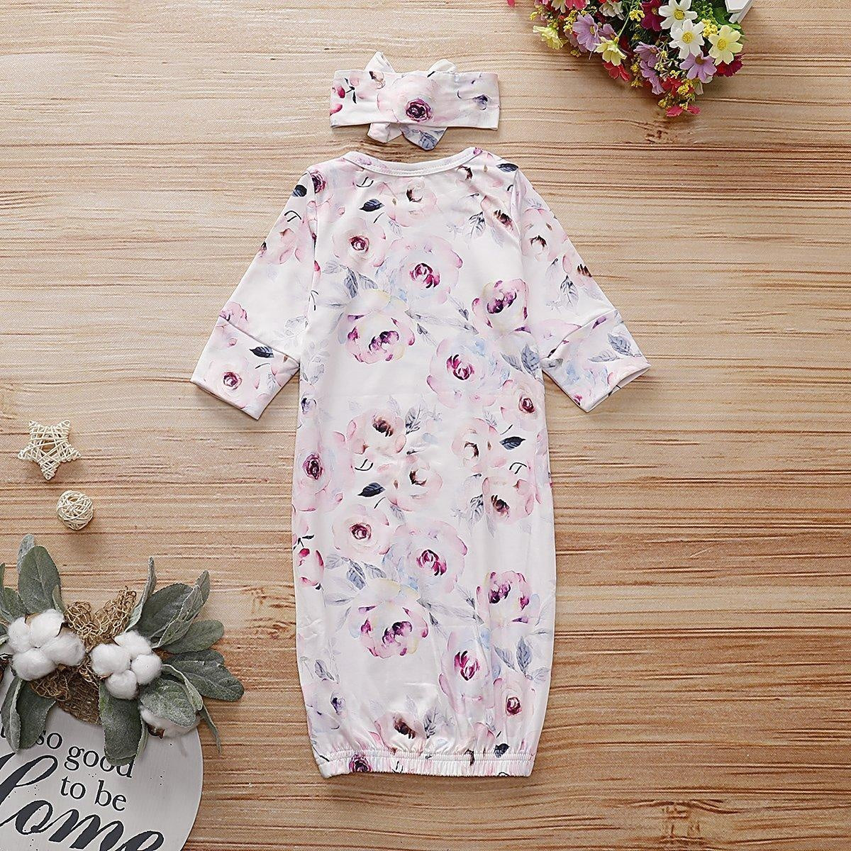 Baby NewBorn Lovely Floral Print Pajamas and Headband - MomyMall