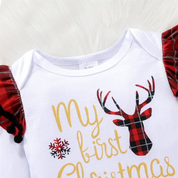 3PCS My First Christmas Letter Plaid Print Baby Romper Set - MomyMall