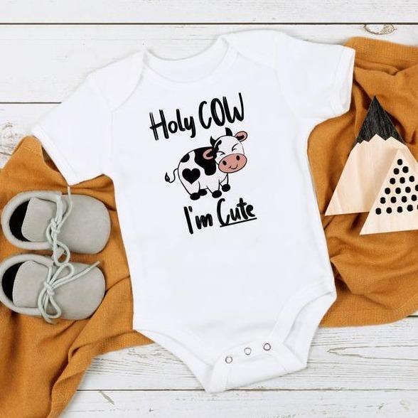 Holy Cow I'm Cute Cow Printed Baby Romper - MomyMall White / 0-3 Months