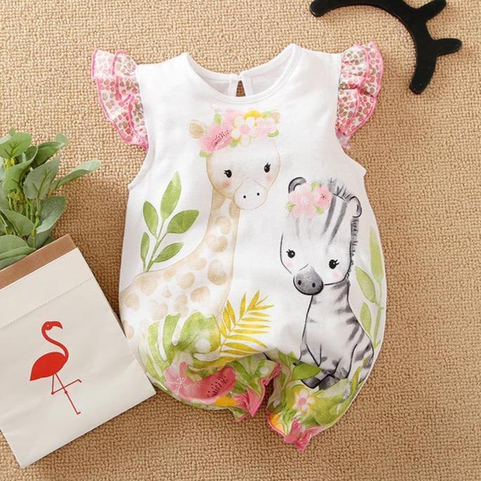 Cartoon Giraffe With Zebra Printed Baby Romper