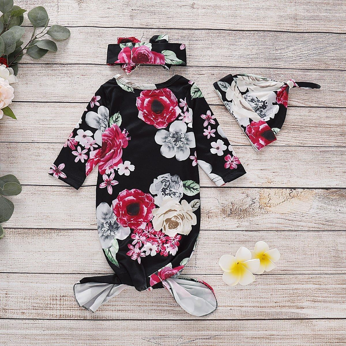 NewBorn Floral Print Pajamas with Headband - MomyMall