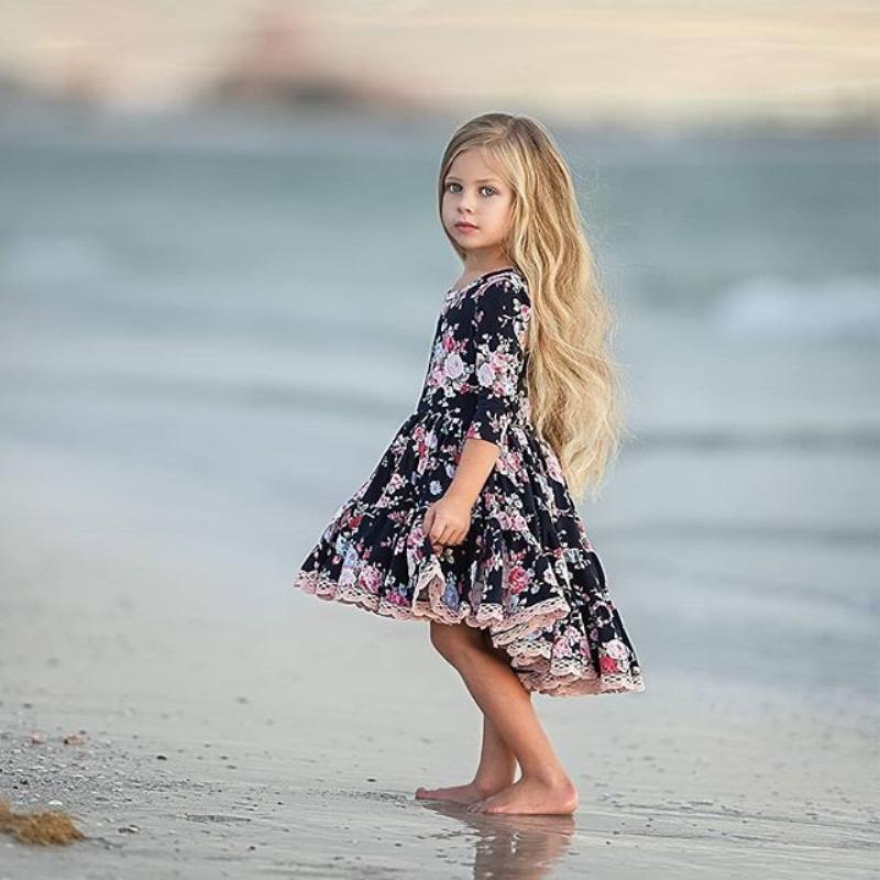 Girl Pretty Floral Long Sleeve Irregular Pleated Dresses 1-6Y