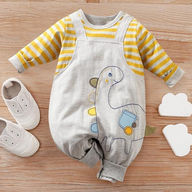 Cartoon Dinosaur Printed Long Sleeve Baby Jumpsuit