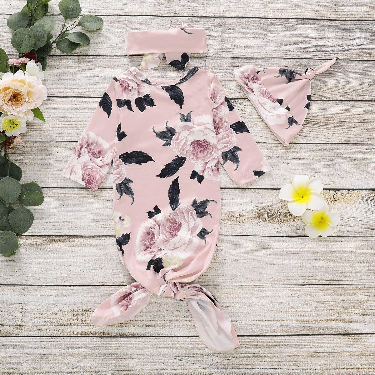 NewBorn Floral Print Pink Pajamas and Headband