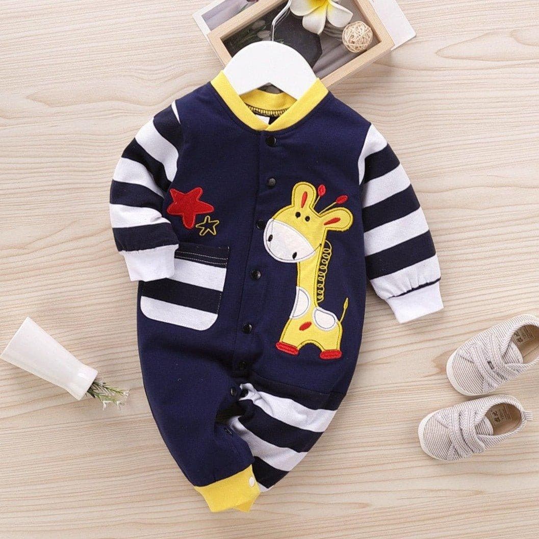 Lovely Cartoon Giraffe Printed Long-sleeve Baby Jumpsuit