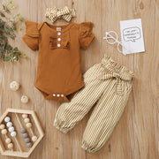 3PCS Lovely Solid Striped Printed Baby Set - MomyMall Brown / 0-3 Months