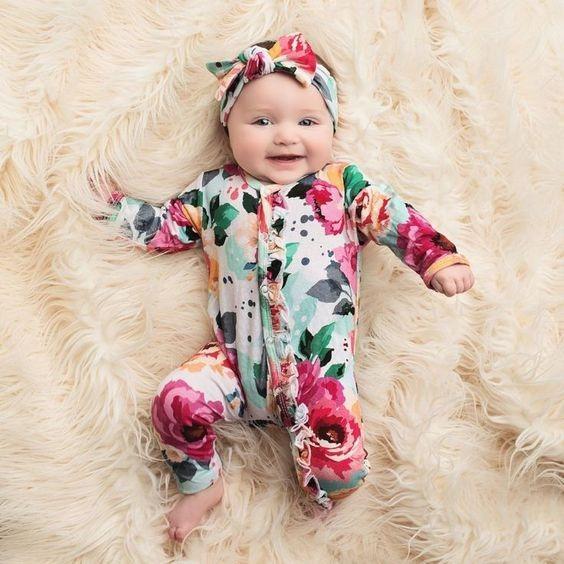 Infant Baby Girl Full Watercolour Floral Printed Long Sleeve Jumpsuit With Headband Autumn And Winter Clothing - MomyMall White / 0-3 Months