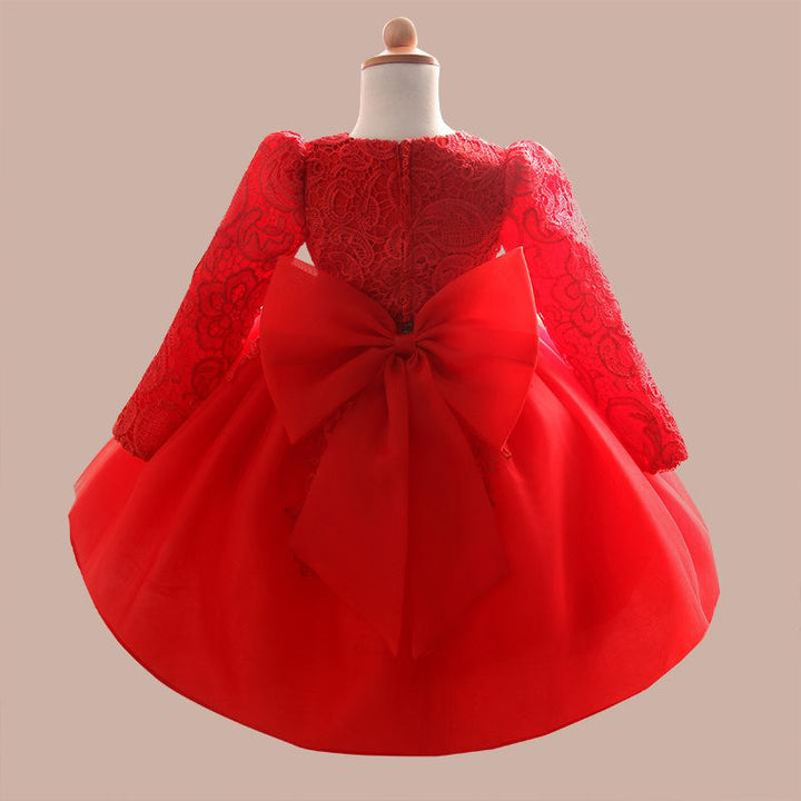 Toddler Girl Christening Winter Casual Long Sleeve Flower Birthday Dress - MomyMall Red / 3-4 Years