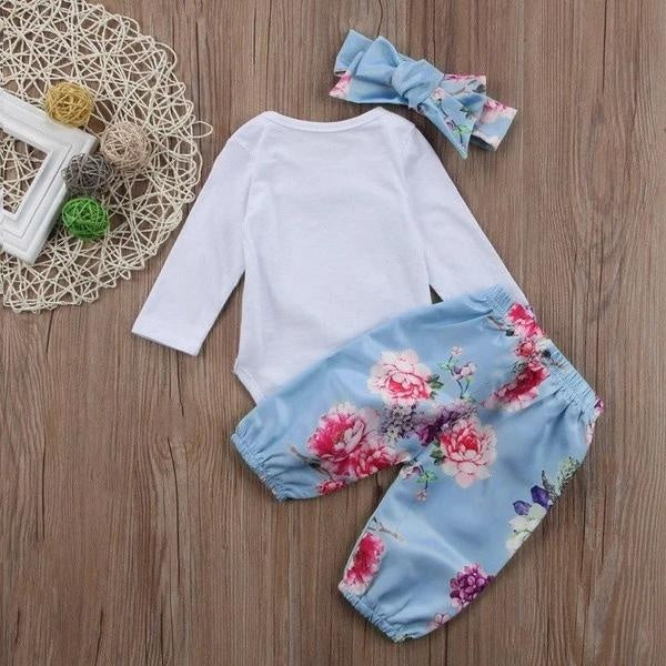 Baby Girls 3PCS Suit:Floral Printed Romper With Pink Floral Pants Baby Set