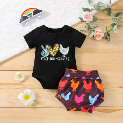 3PCS Peace Love Chicken Printed Funny Baby Set