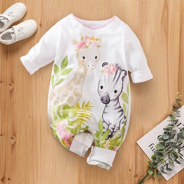 Sweet Giraffe And Zebra Printed Baby Jumpsuit - MomyMall White / 0-3 Months