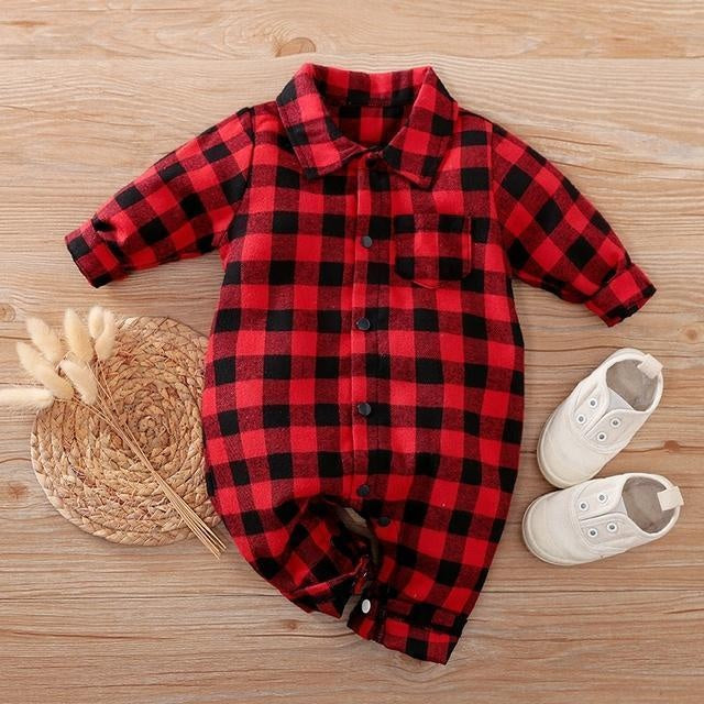 Baby Classic Plaid Polo Collar Jumpsuit