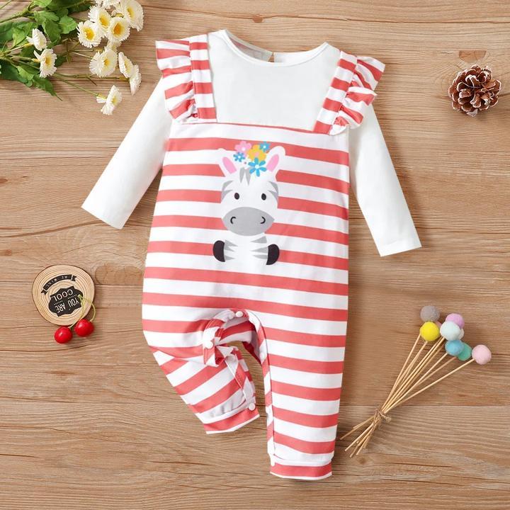 Lovely Cartoon Zebra Stripe Printed Baby Jumpsuit - MomyMall Red / 0-3 Months