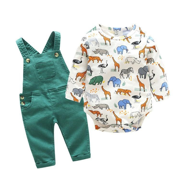 Cartoon Animal Printed Khaki Suit Baby Boy Set 2 Pcs Suits - MomyMall