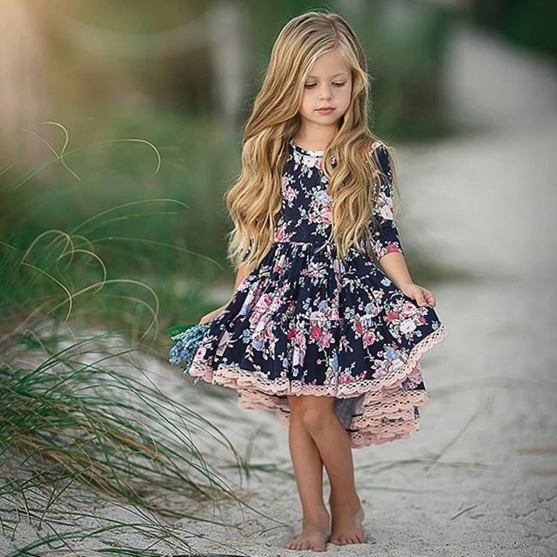 Girl Pretty Floral Long Sleeve Irregular Pleated Dresses 1-6Y