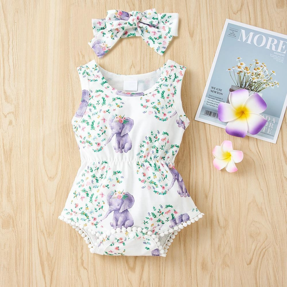 2PCS Cartoon Elephant Floral Printed Baby Romper - MomyMall