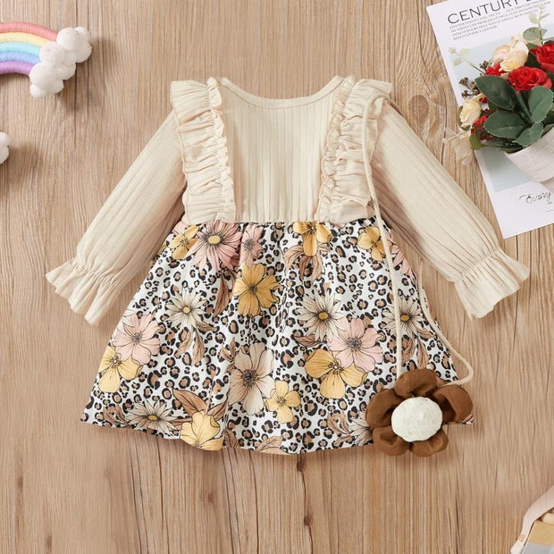 Sweet Leopard Floral Printed Long Sleeve Baby Dress