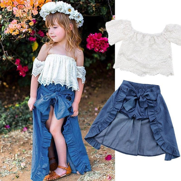 Girls Summer Lace Top Denim 3 Pcs Set Popular Suit - MomyMall