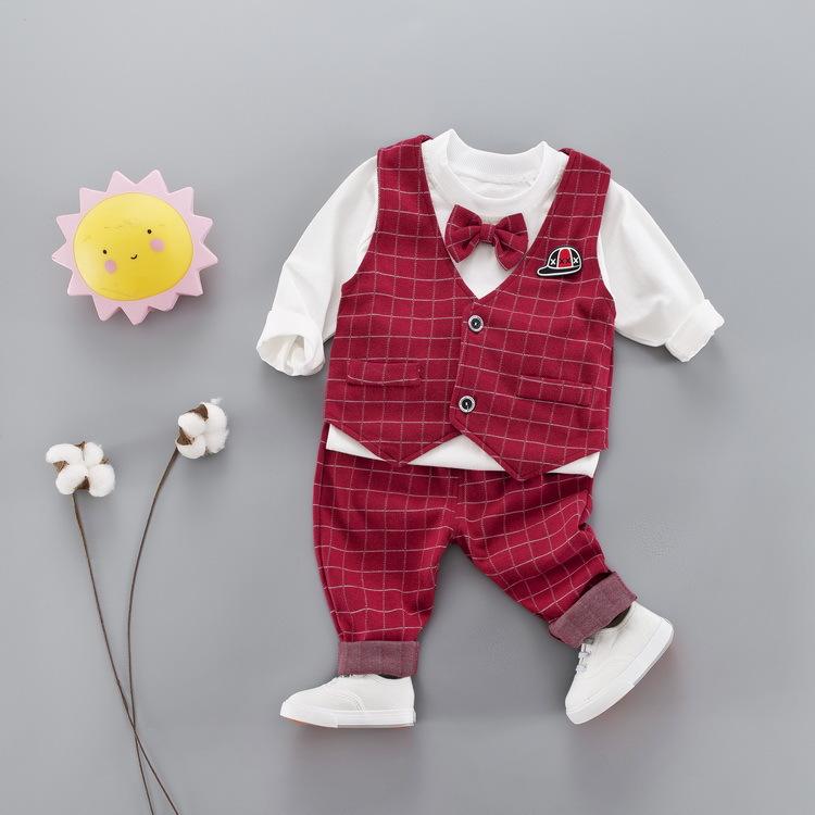 Kid Boy Plaid Gentleman Cute 3 Pcs - MomyMall Red / 6-12M