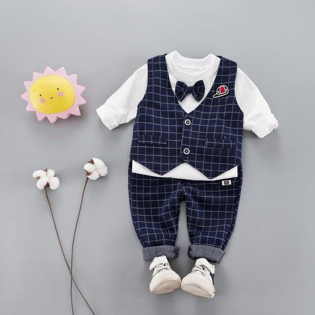 Kid Boy Plaid Gentleman Cute 3 Pcs - MomyMall black / 6-12M