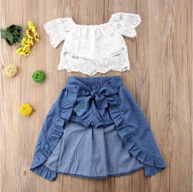 Girls Summer Lace Top Denim 3 Pcs Set Popular Suit - MomyMall white / 80cm:6-12months