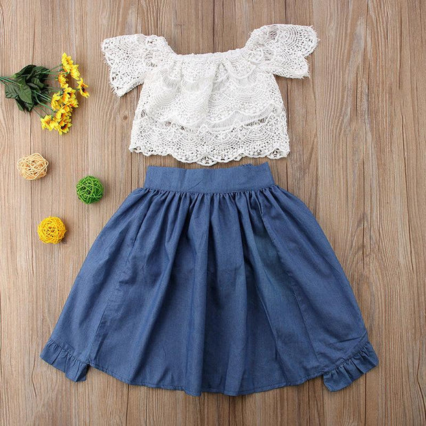 Girls Summer Lace Top Denim 3 Pcs Set Popular Suit - MomyMall