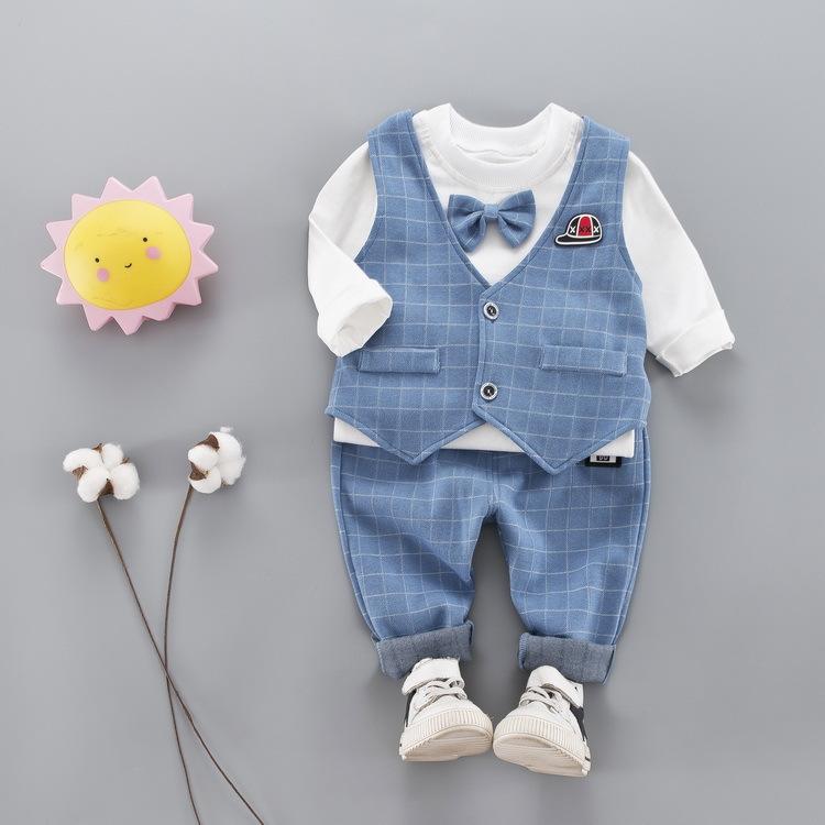 Kid Boy Plaid Gentleman Cute 3 Pcs - MomyMall blue / 6-12M