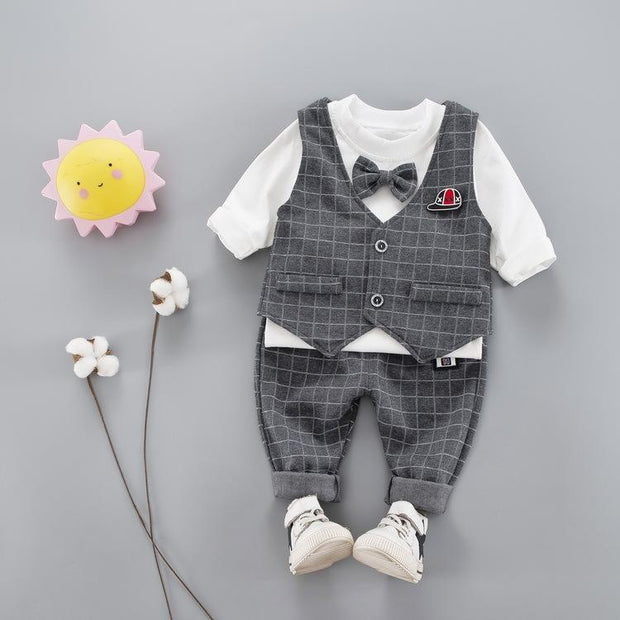 Kid Boy Plaid Gentleman Cute 3 Pcs - MomyMall Gray / 6-12M