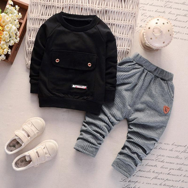 Boy Baby Round Neck Big Pocket Tide Casual Suits 2 Pcs set - MomyMall black / 9-12month