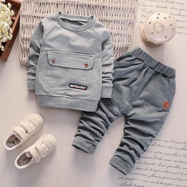 Boy Baby Round Neck Big Pocket Tide Casual Suits 2 Pcs set - MomyMall Gray / 9-12month