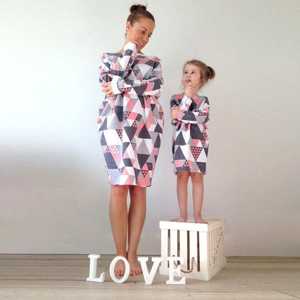 Parent Child Geometric Printing Mother Daughter Long Sleeve Dress - MomyMall Long style / S