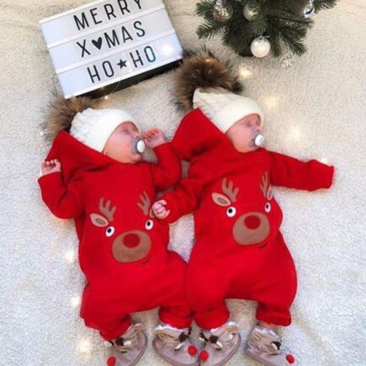 Kids Baby Christmas Elk Plus Velvet Hooded Jumpsuit