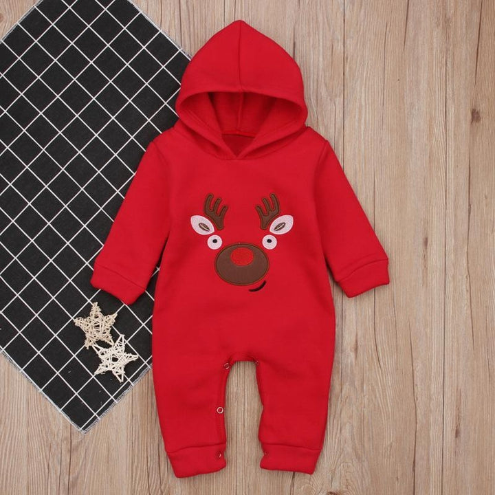 Kids Baby Christmas Elk Plus Velvet Hooded Jumpsuit