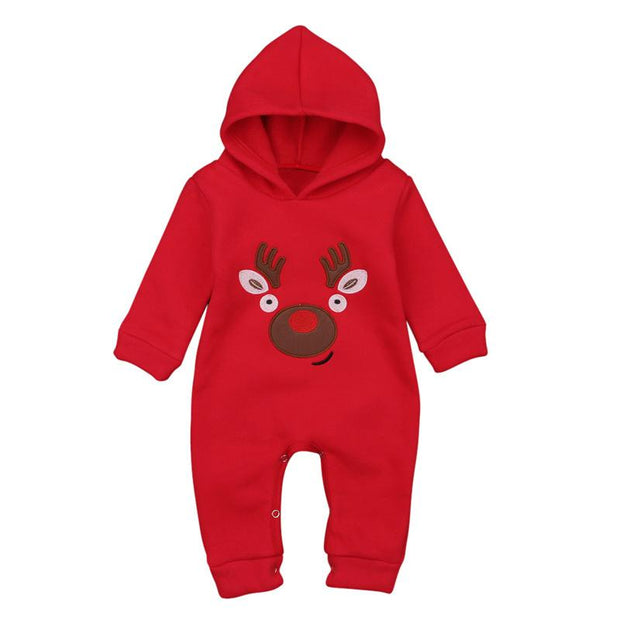 Kids Baby Christmas Elk Plus Velvet Hooded Jumpsuit