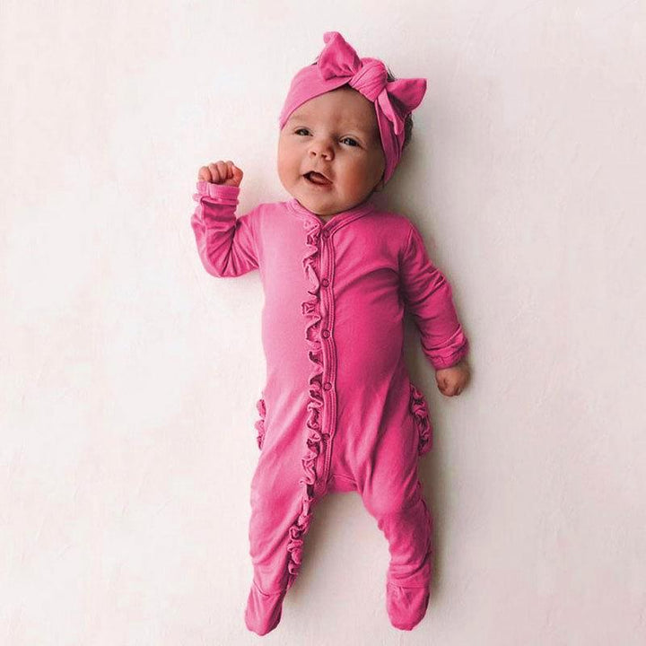 Sweet Solid Printed Fold Edge Long-sleeve Baby Jumpsuit With Headband - MomyMall Rose Red / 0-3 Months