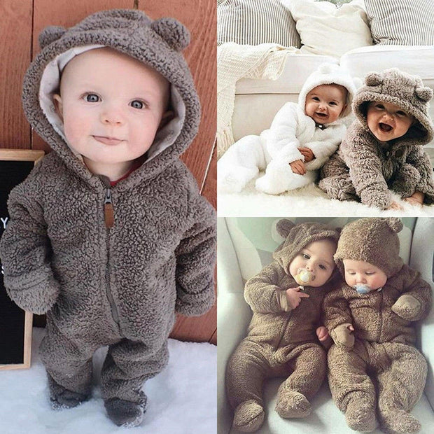Sweet Bear Solid Printed Baby Hoodie Jumpsuit - MomyMall Grey / 0-3 Months