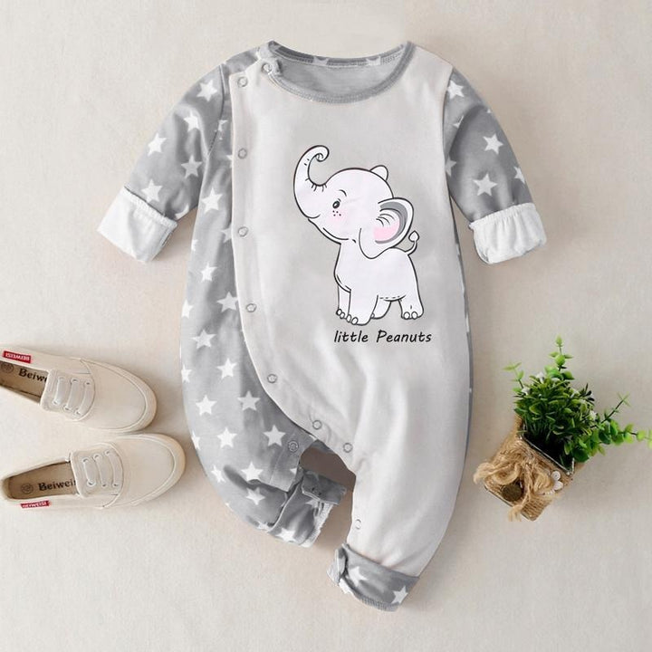 Lovely Little Peanuts Elephant Printed Baby Jumpsuit - MomyMall Grey / 0-3 Months
