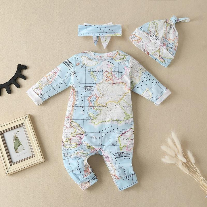 Lovely World Map Printed Long-sleeve Baby Jumpsuit With Hat - MomyMall
