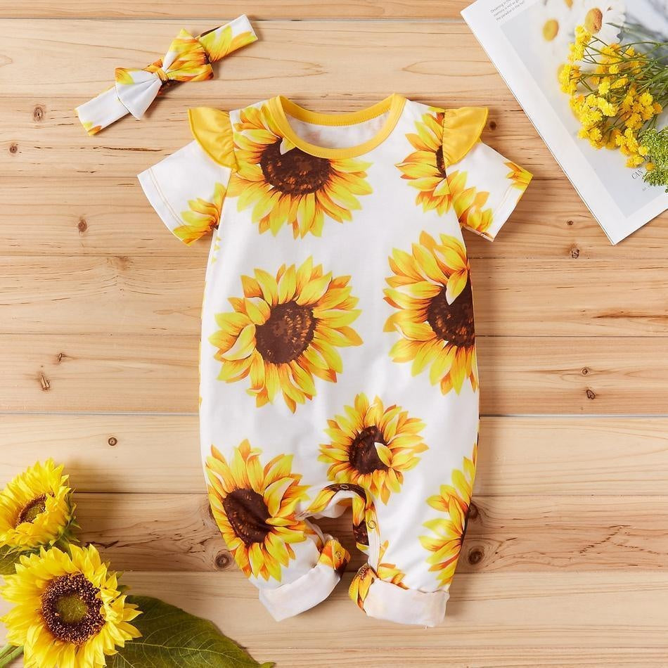 2PCS Cute Sunflower Allover Baby Jumpsuit