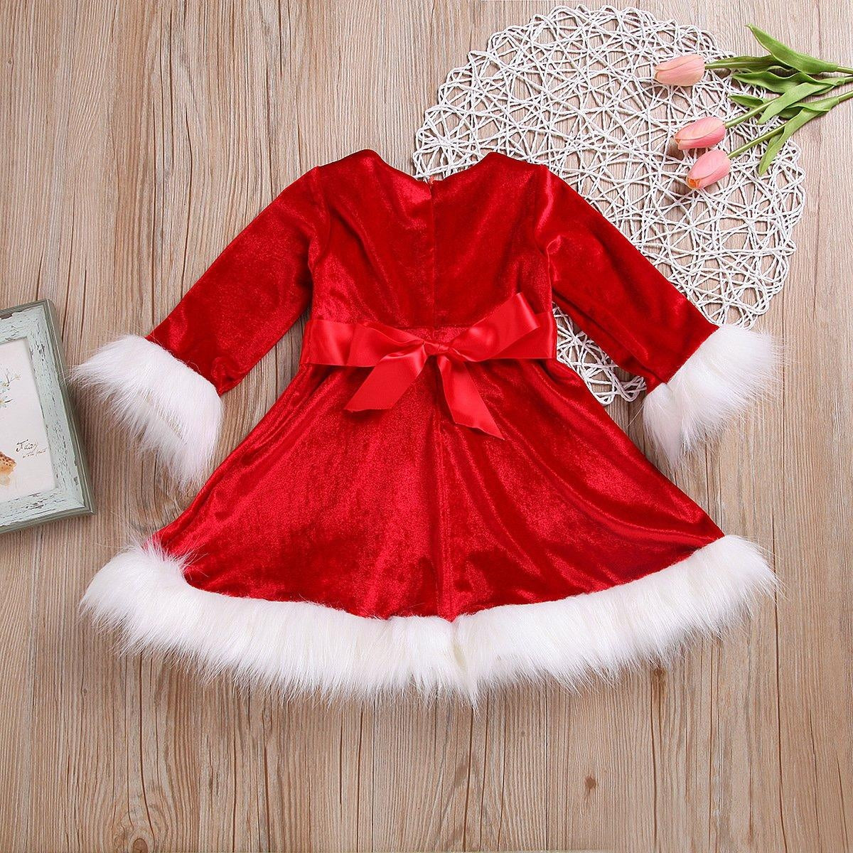 Girl Christmas Fur Edge Red Dress With Belt - MomyMall