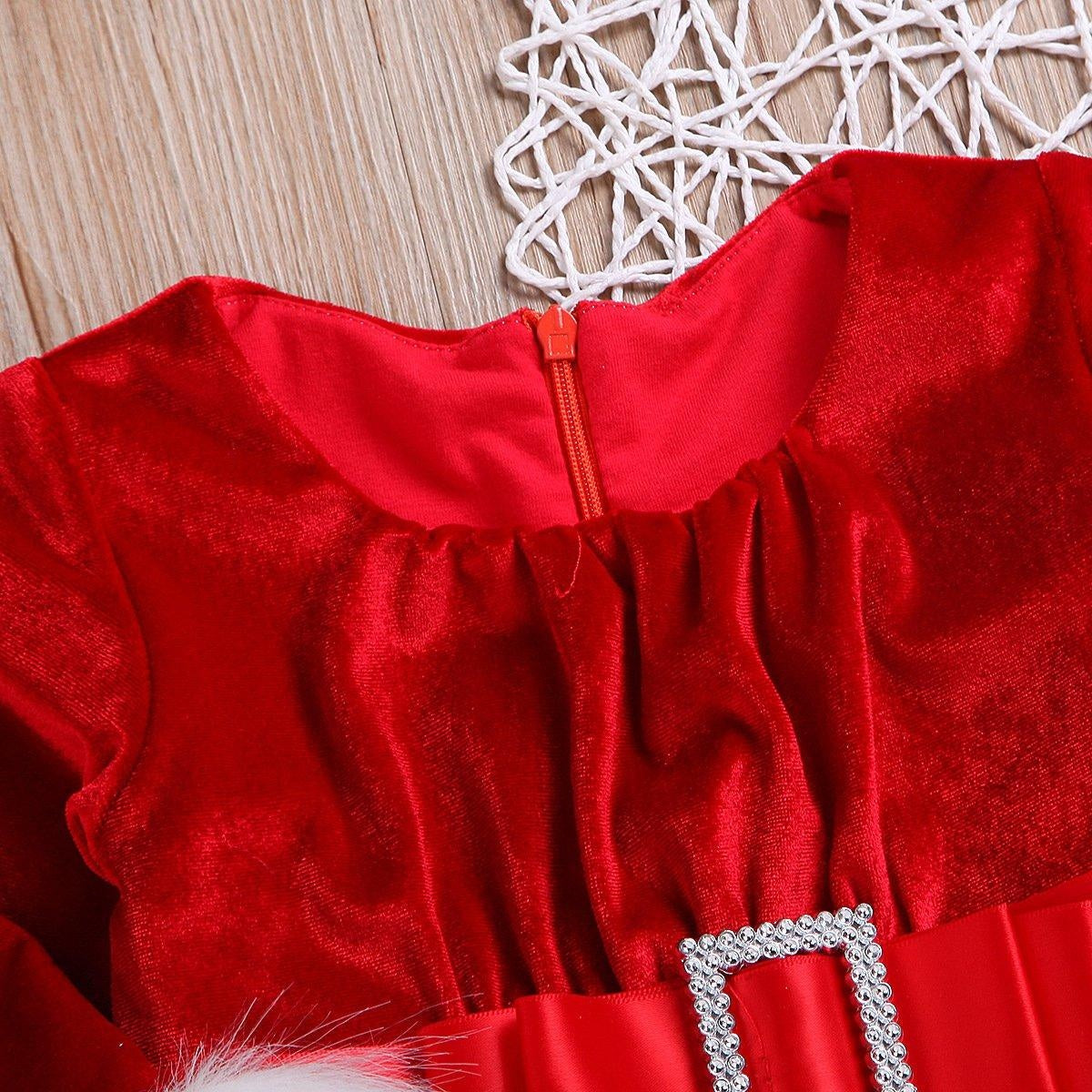 Girl Christmas Fur Edge Red Dress With Belt - MomyMall