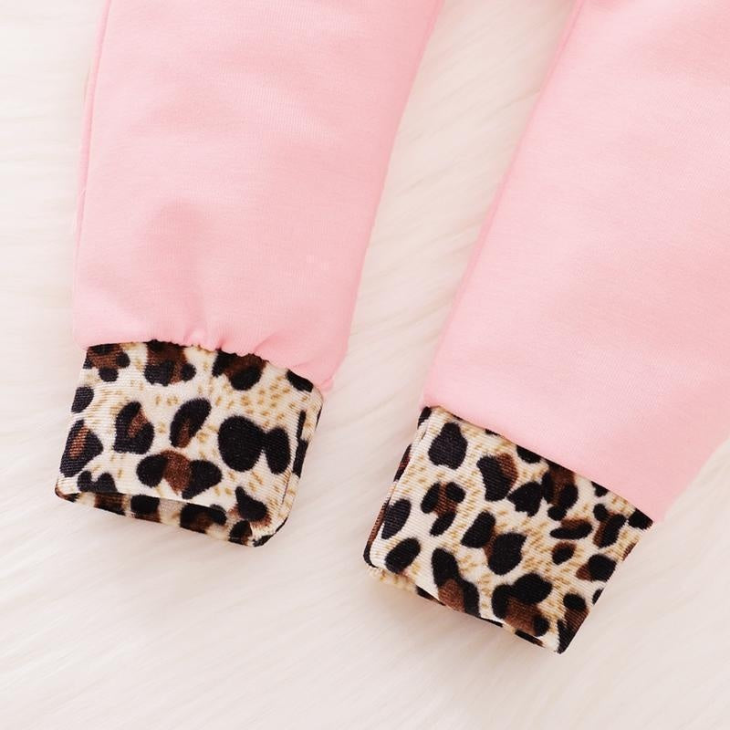 2PCS Baby Girl Soild Leopard Printed  Long Sleeve Hoodie With Pants Baby Clothes Set